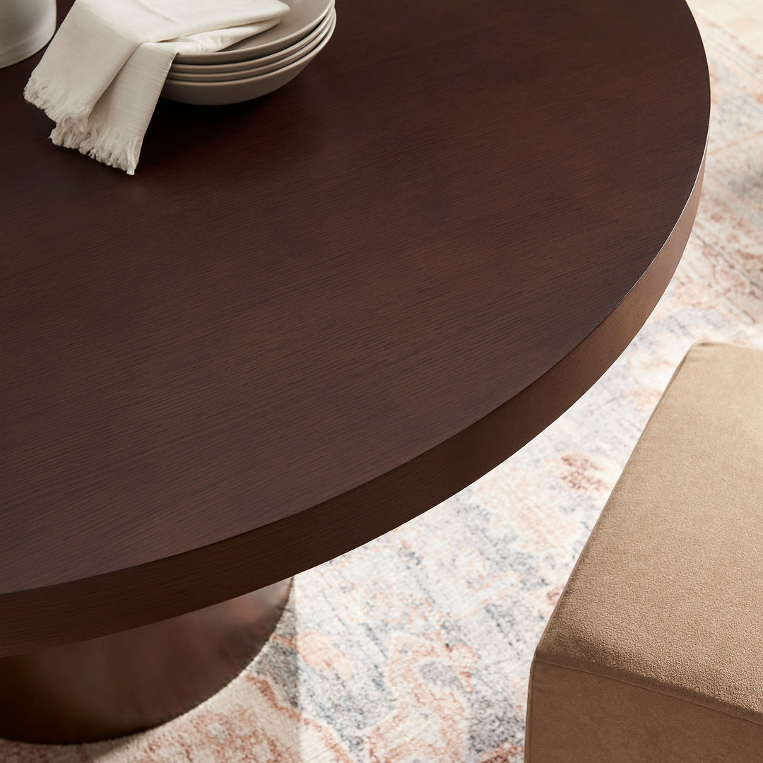Annette 54 Inch Round Pedestal Base Dining Table in Dark Walnut Burnished Brass