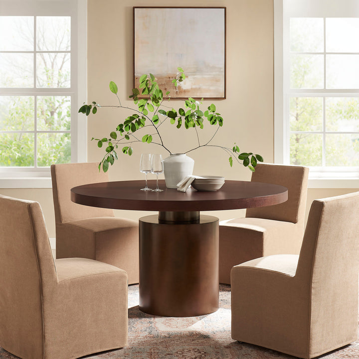 Annette 54 Inch Round Pedestal Base Dining Table in Dark Walnut Burnished Brass