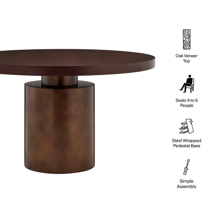 Annette 54 Inch Round Pedestal Base Dining Table in Dark Walnut Burnished Brass