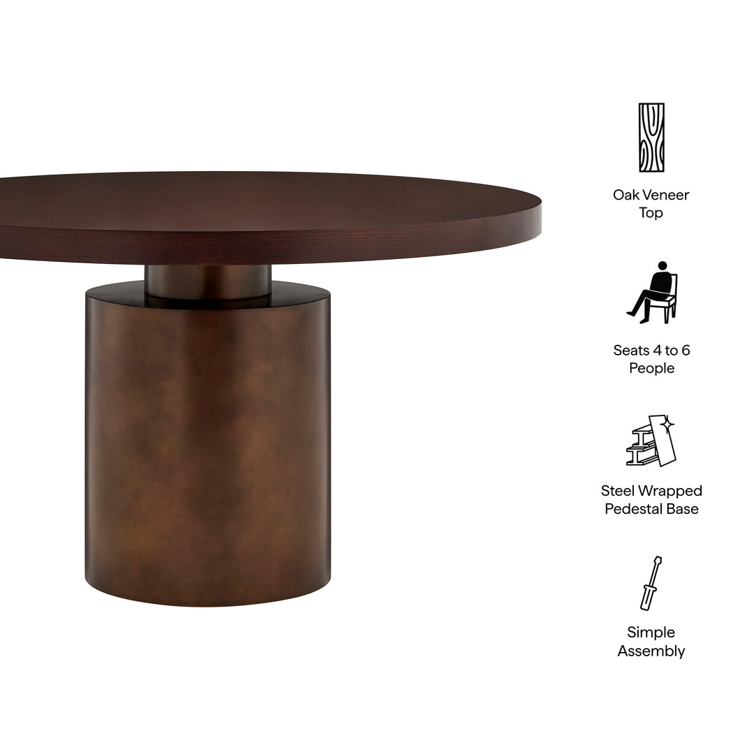 Annette 54 Inch Round Pedestal Base Dining Table in Dark Walnut Burnished Brass