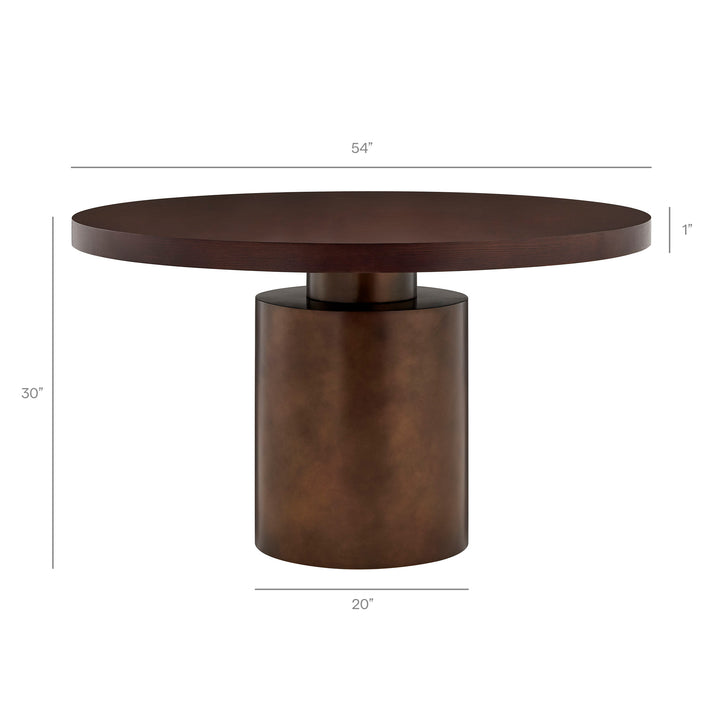 Annette 54 Inch Round Pedestal Base Dining Table in Dark Walnut Burnished Brass