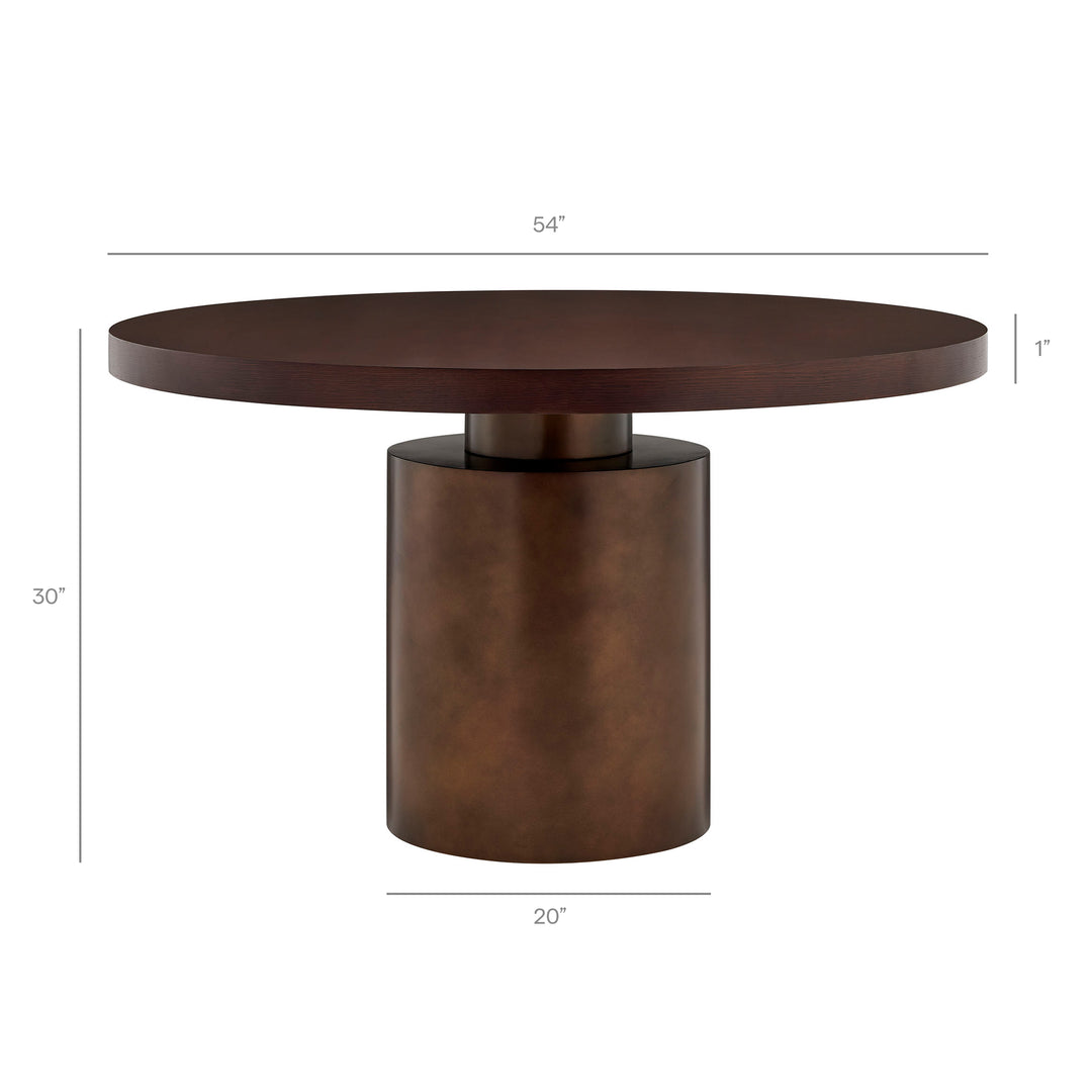Annette 54 Inch Round Pedestal Base Dining Table in Dark Walnut Burnished Brass
