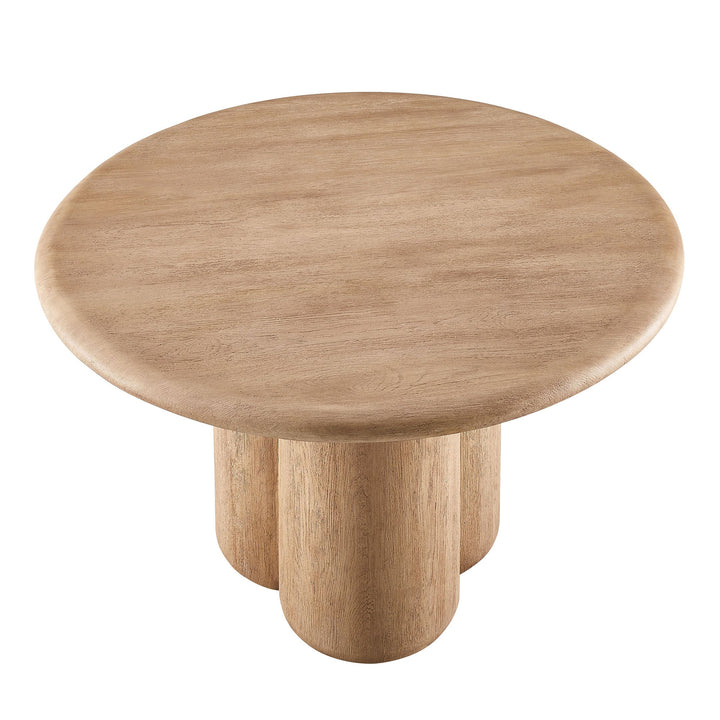 Round wooden table with three cylindrical legs on a white background