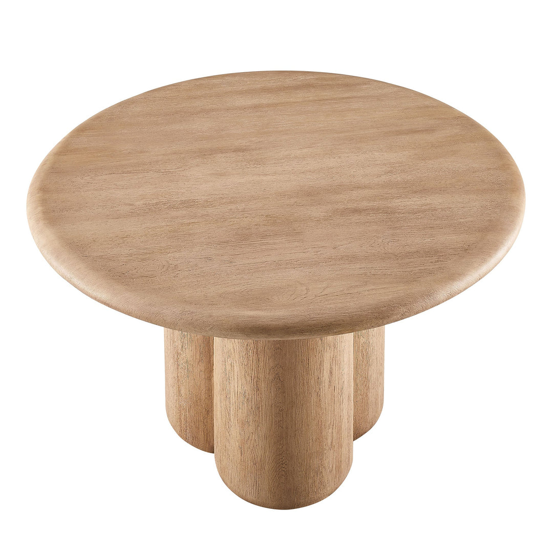 Round wooden table with three cylindrical legs on a white background