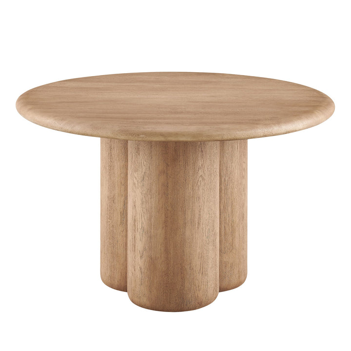 Wooden round table with four cylindrical legs on a white background