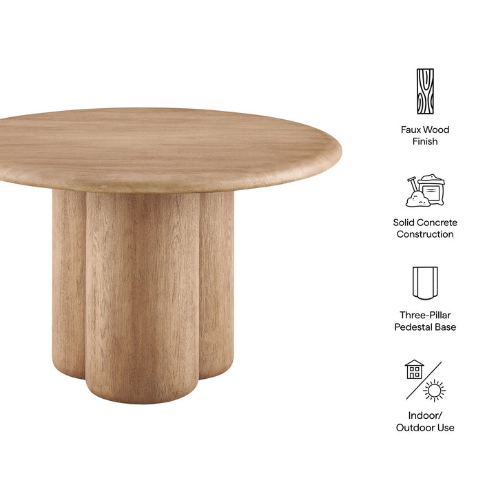 Wooden table with features listed on a white background