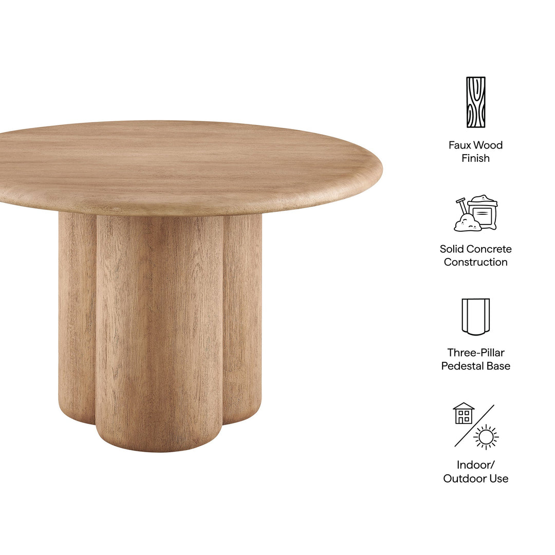 Wooden table with features listed on a white background