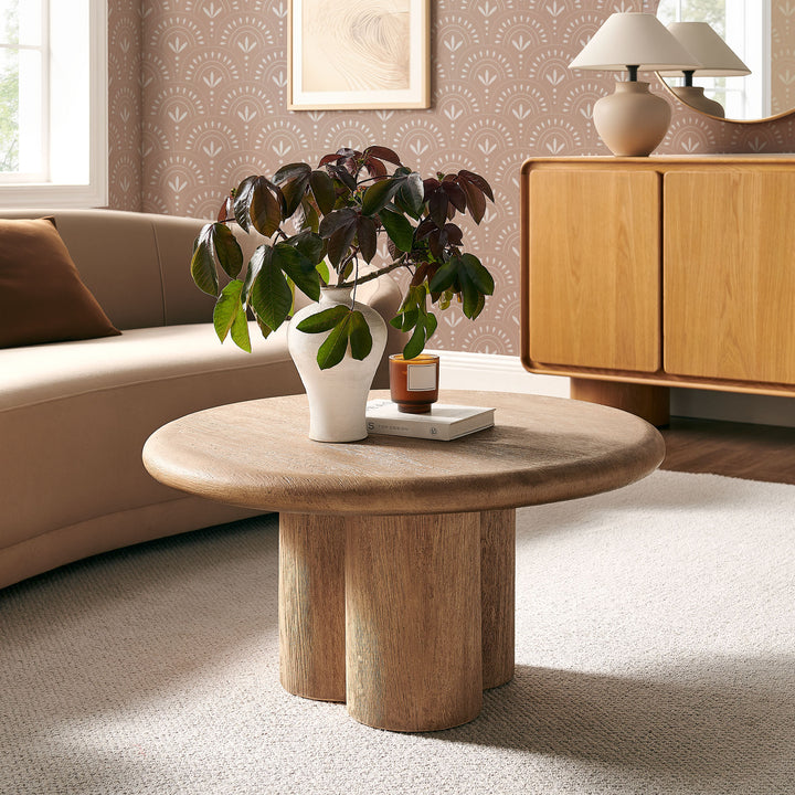 Tori 31 Inch Round Indoor and Outdoor Patio Coffee Table in Oak