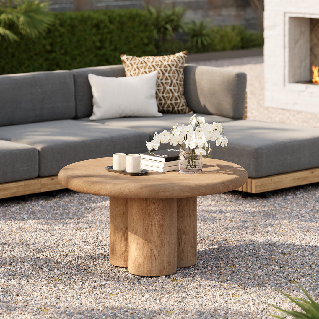 Tori 31 Inch Round Indoor and Outdoor Patio Coffee Table in Oak