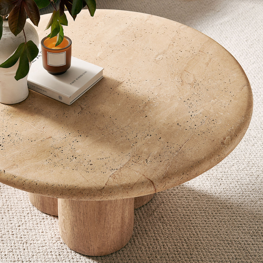 Tori 31 Inch Round Indoor and Outdoor Patio Coffee Table in Travertine