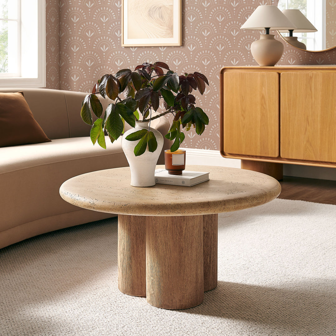 Tori 31 Inch Round Indoor and Outdoor Patio Coffee Table in Travertine