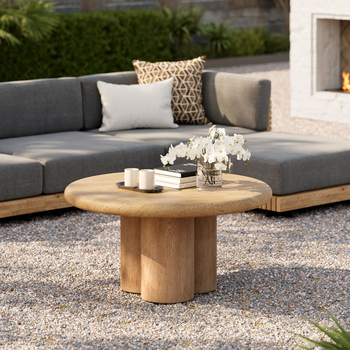 Tori 31 Inch Round Indoor and Outdoor Patio Coffee Table in Travertine