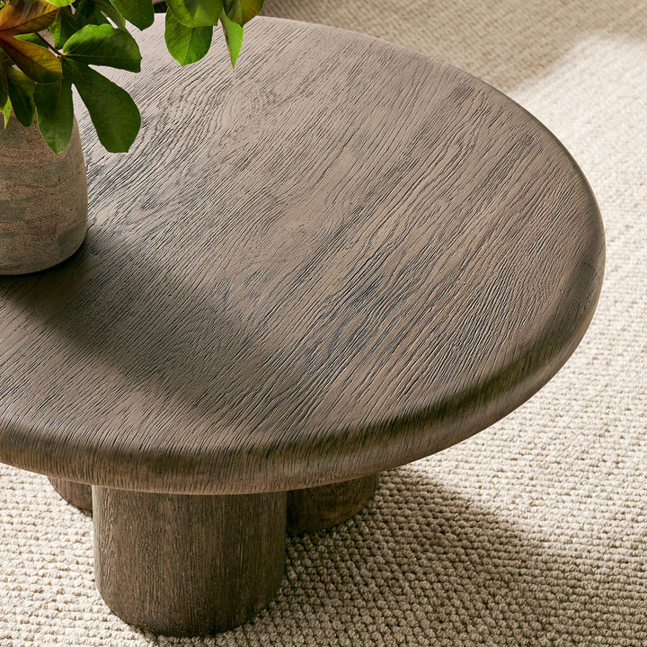 Tori 31 Inch Round Indoor and Outdoor Patio Coffee Table in Weathered Walnut