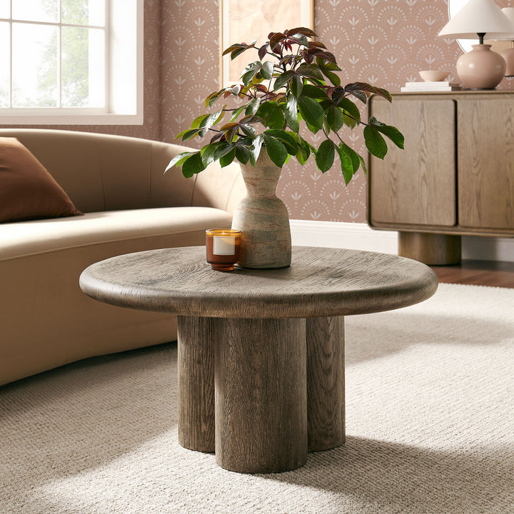 Tori 31 Inch Round Indoor and Outdoor Patio Coffee Table in Weathered Walnut