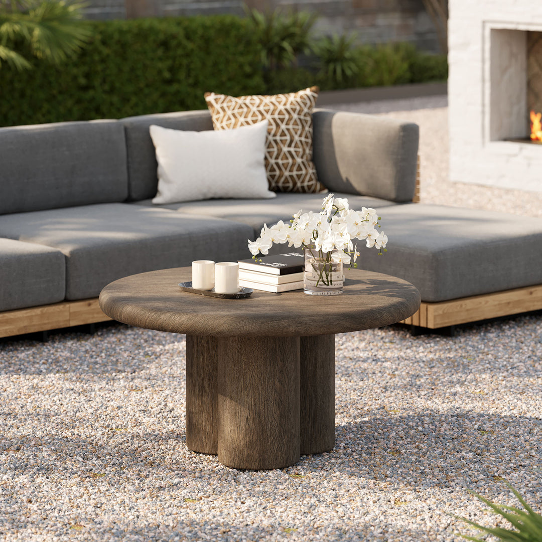 Tori 31 Inch Round Indoor and Outdoor Patio Coffee Table in Weathered Walnut