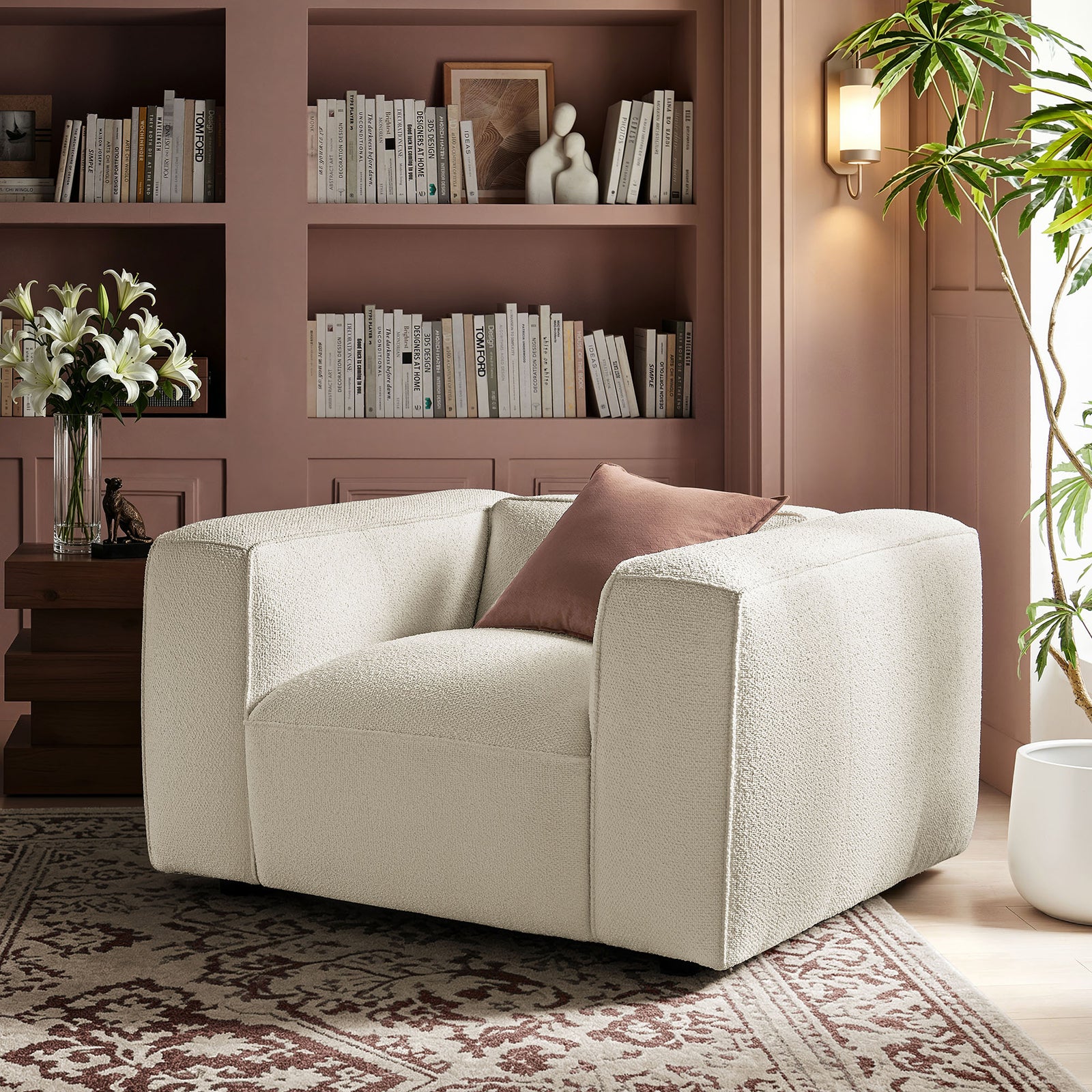 Auren Lattice Bouclé Upholstered Accent Chair in Cream