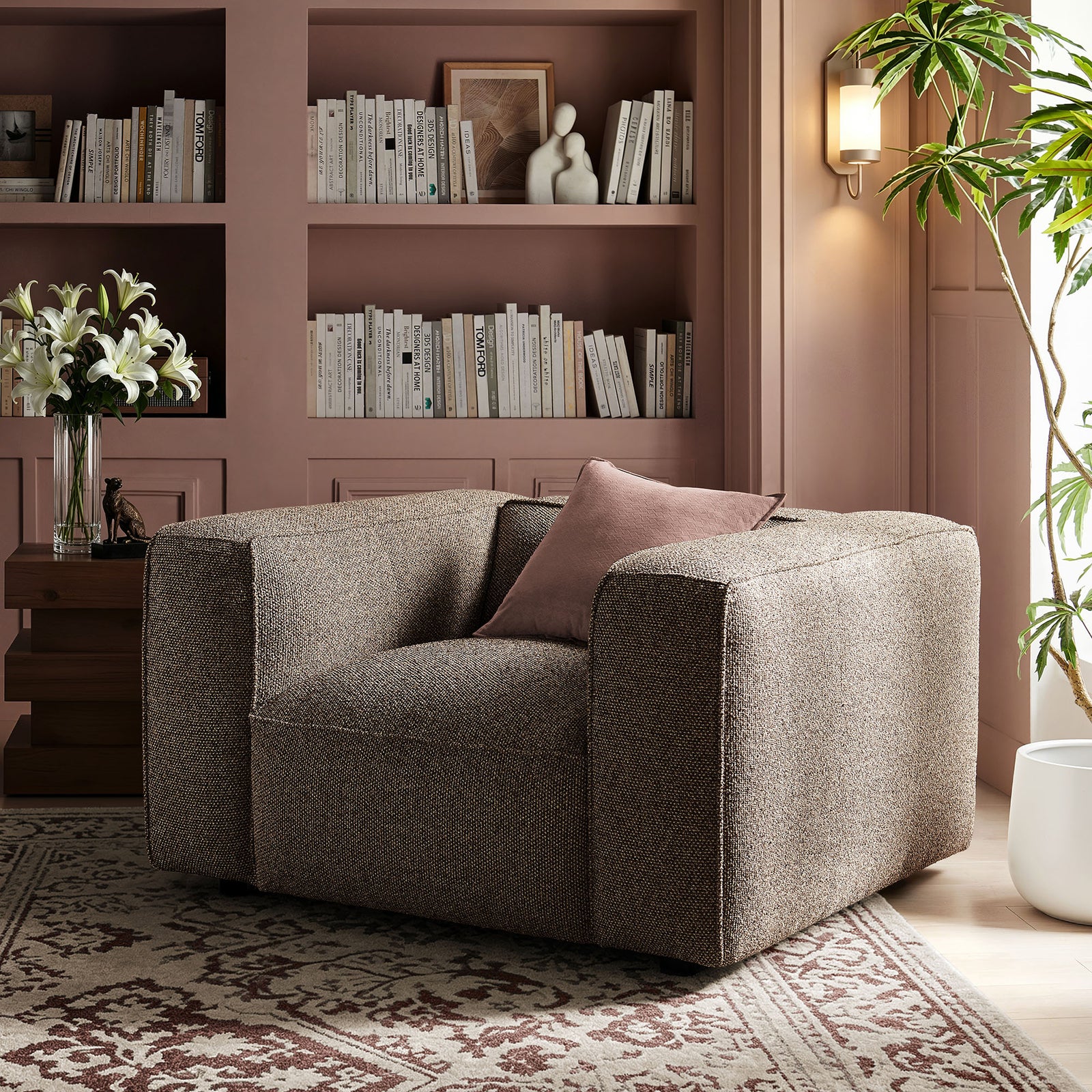 Auren Lattice Bouclé Upholstered Accent Chair in Earth