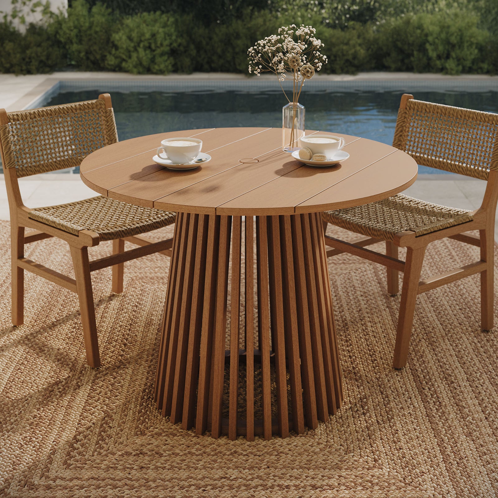 Lane 39 Inch Round Outdoor Patio Teak Wood Dining Table in Natural