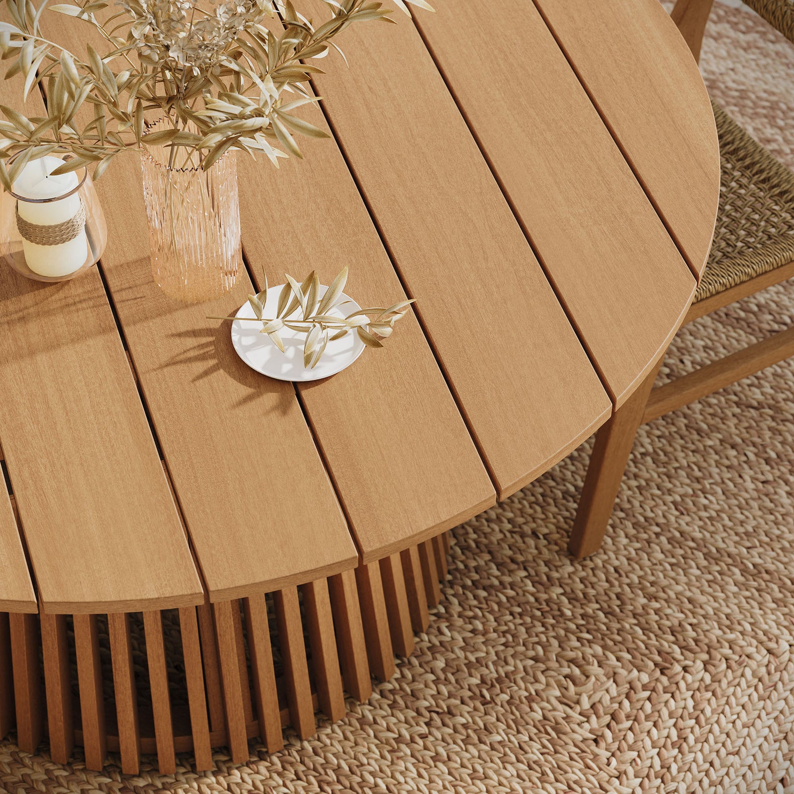 Lane 55 Inch Round Outdoor Patio Teak Wood Dining Table in Natural