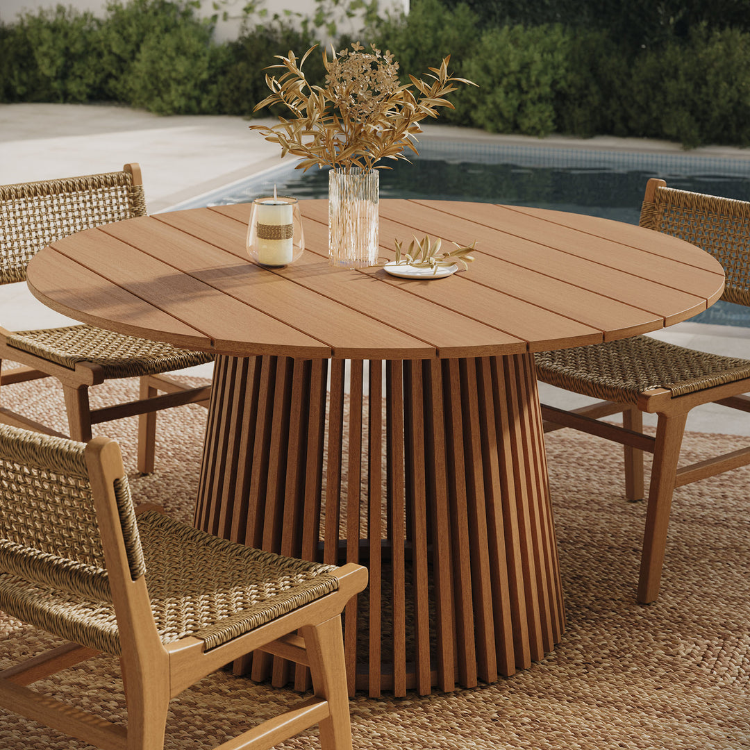 Lane 55 Inch Round Outdoor Patio Teak Wood Dining Table in Natural