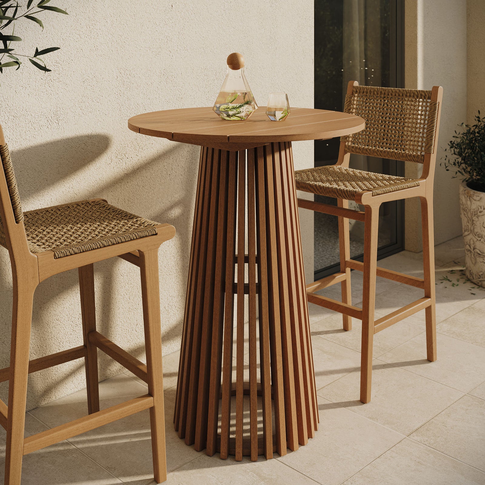 Lane 31 Inch Round Outdoor Patio Teak Wood Bar Table in Natural