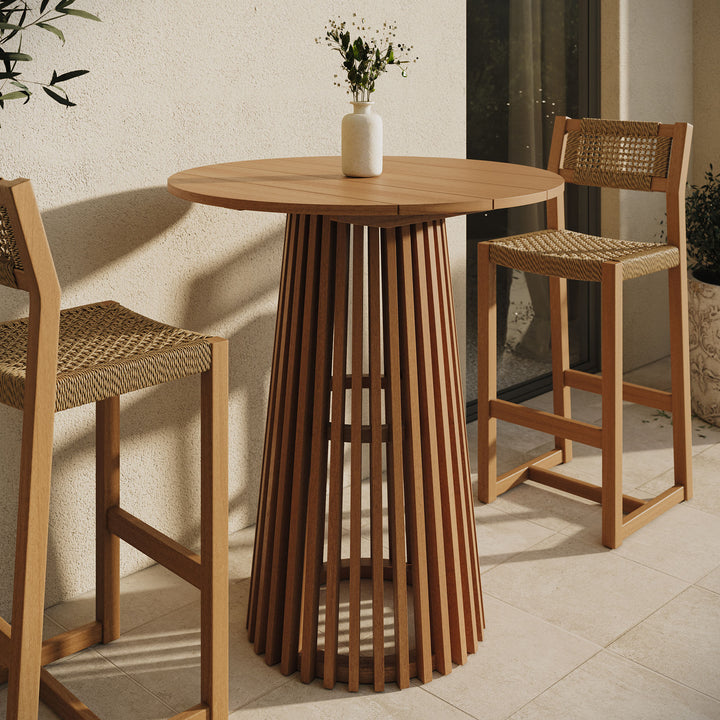 Lane 35 Inch Round Outdoor Patio Teak Wood Bar Table in Natural