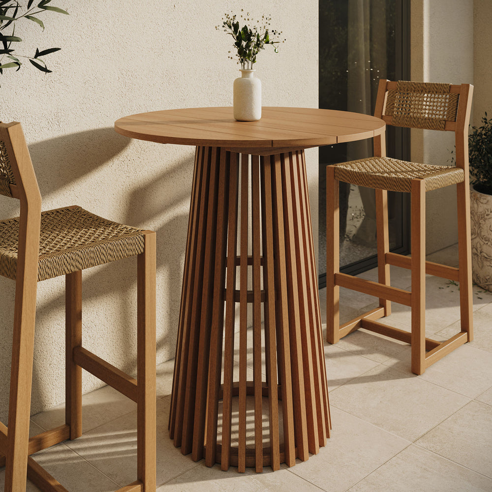 Lane 35 Inch Round Outdoor Patio Teak Wood Bar Table in Natural