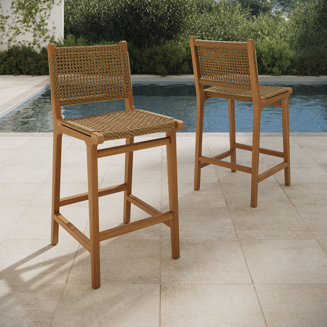 Rowe Outdoor Patio Teak Wood Counter Chairs Set of 2 in Natural