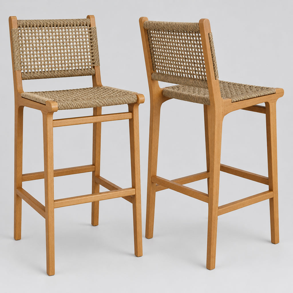 Rowe Outdoor Patio Teak Wood Bar Chairs Set of 2 in Natural
