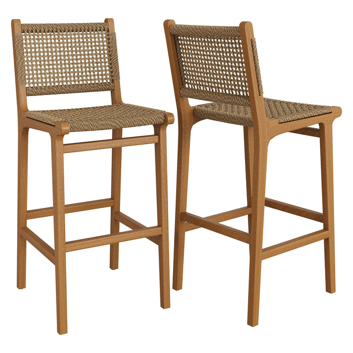 Rowe Outdoor Patio Teak Wood Bar Chairs Set of 2 in Natural