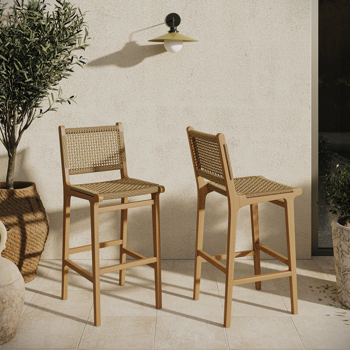 Rowe Outdoor Patio Teak Wood Bar Chairs Set of 2 in Natural