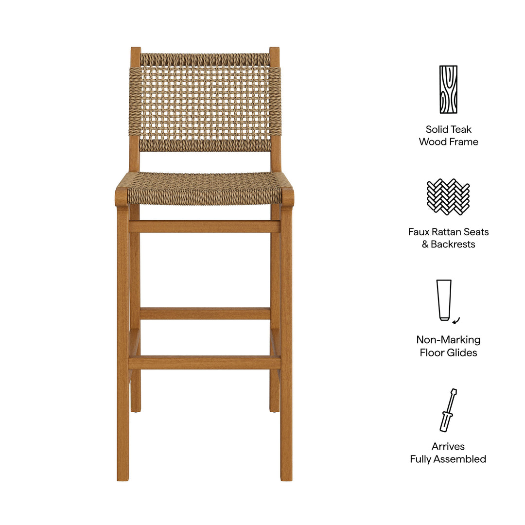Rowe Outdoor Patio Teak Wood Bar Chairs Set of 2 in Natural