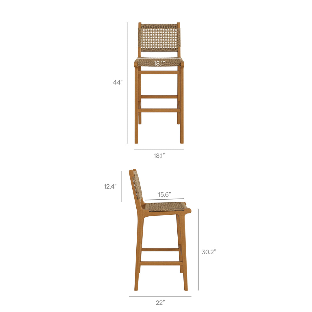 Rowe Outdoor Patio Teak Wood Bar Chairs Set of 2 in Natural
