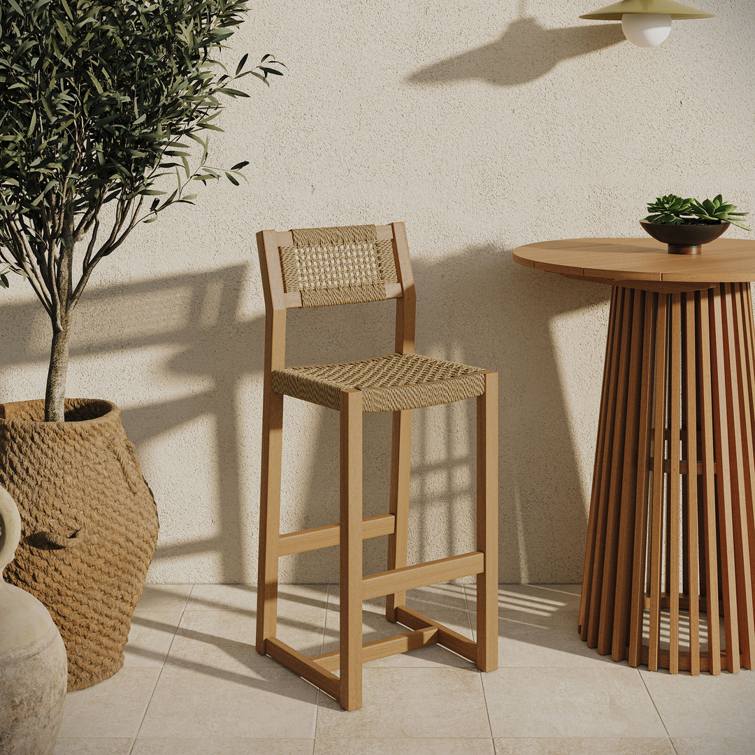 Reed 44 Inch Outdoor Patio Outdoor Teak Wood Rattan Bar Stool in Natural