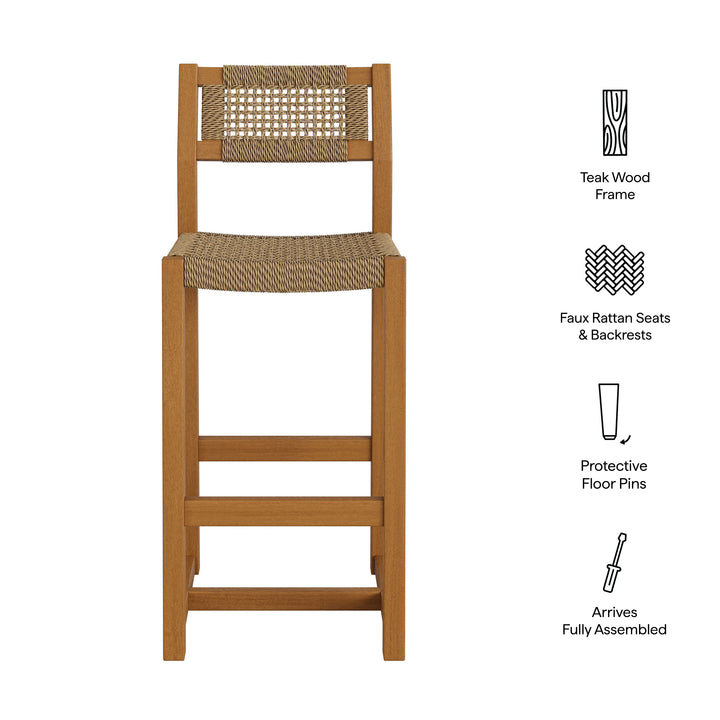 Reed 44 Inch Outdoor Patio Outdoor Teak Wood Rattan Bar Stool in Natural