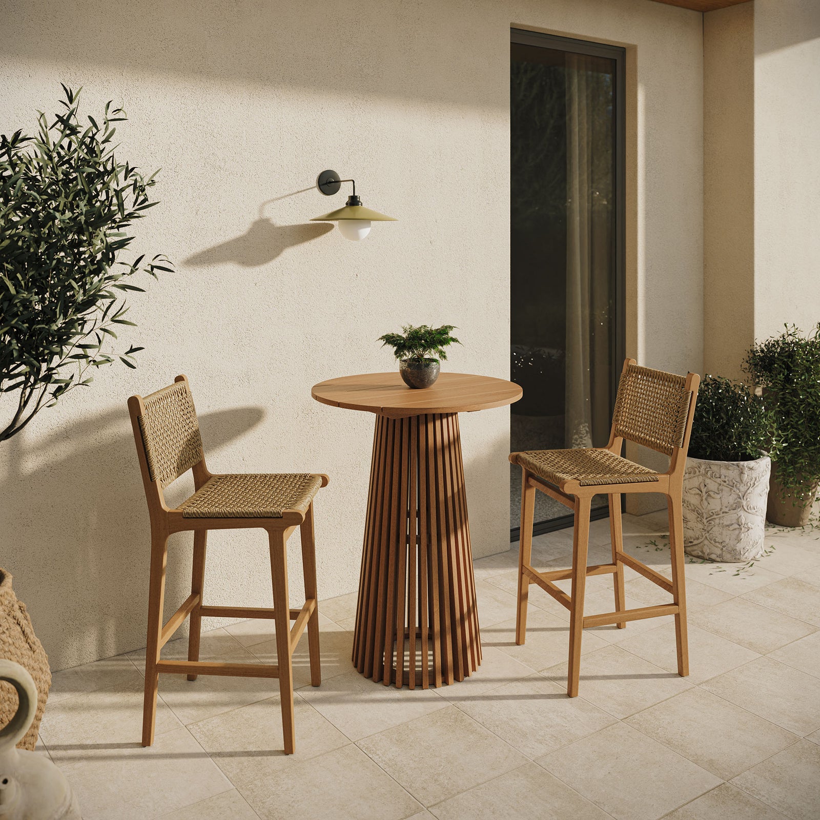 Rowe 3-Piece Outdoor Patio Teak Wood Bar Set in Natural