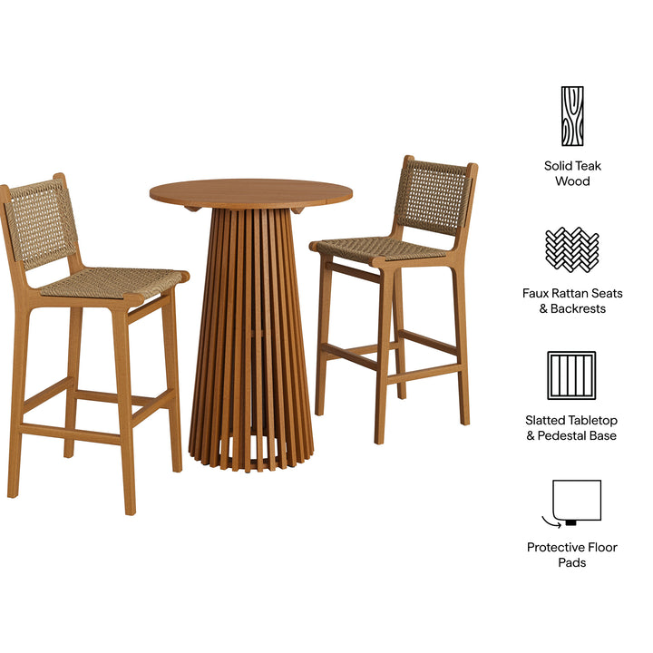 Rowe 3-Piece Outdoor Patio Teak Wood Bar Set in Natural