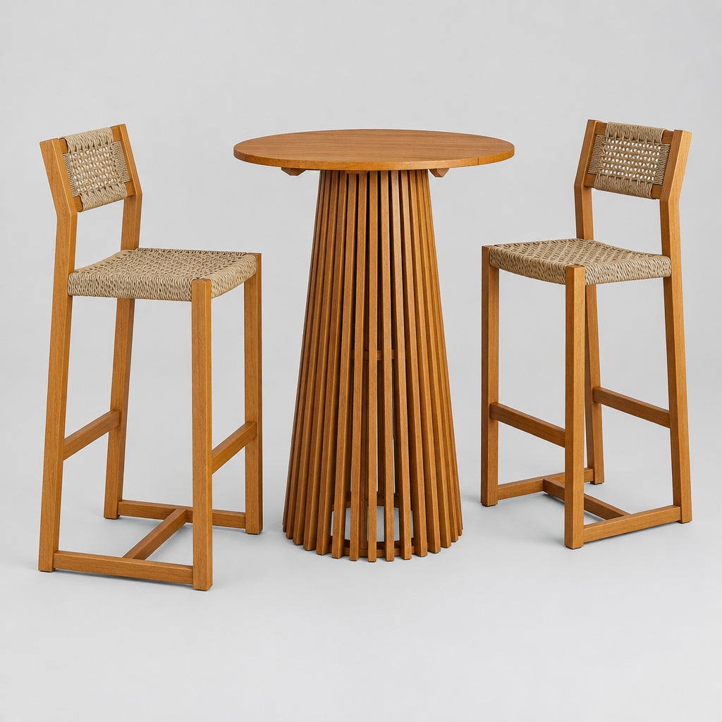 Reed 3-Piece Outdoor Patio Teak Wood Bar Set in Natural