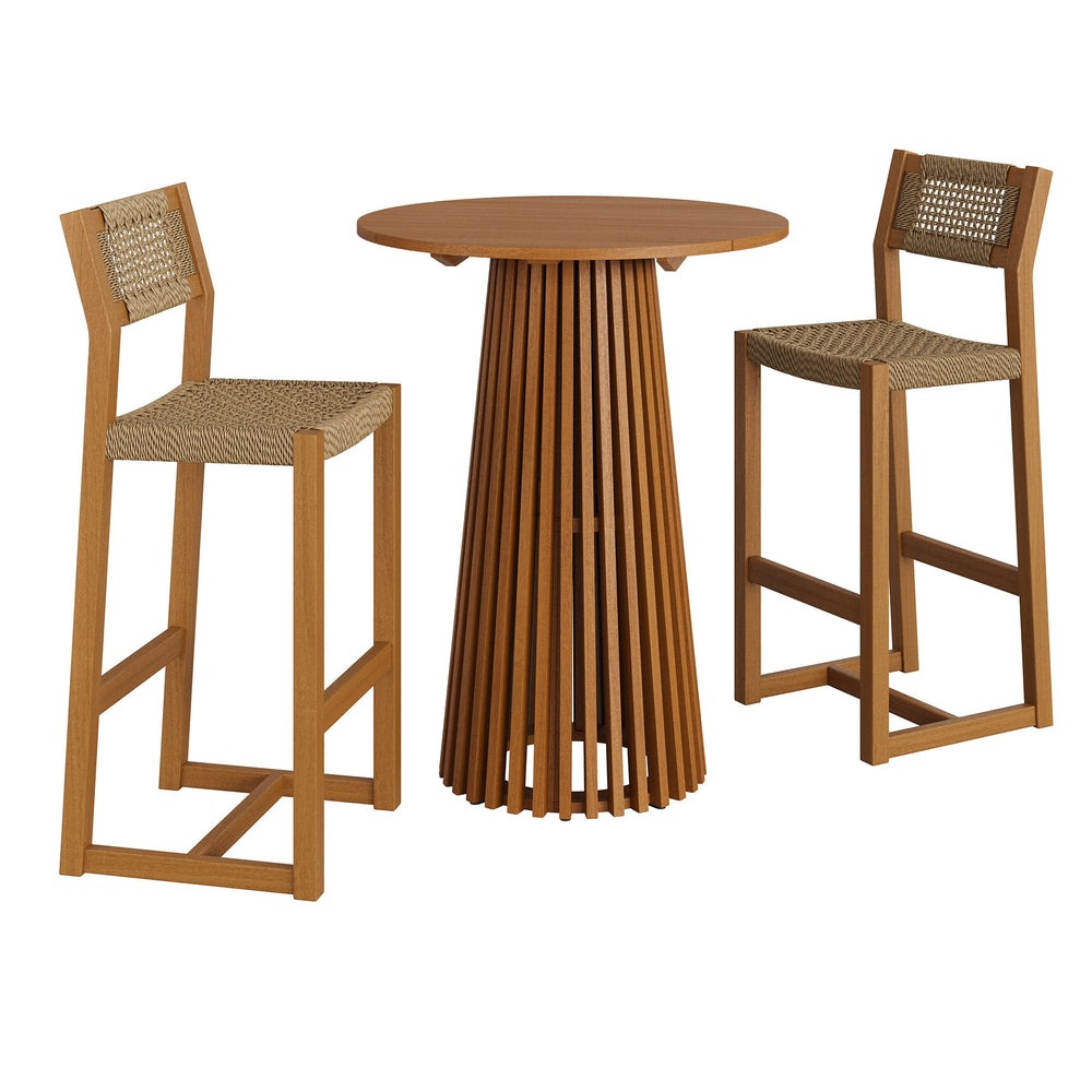 Reed 3-Piece Outdoor Patio Teak Wood Bar Set in Natural