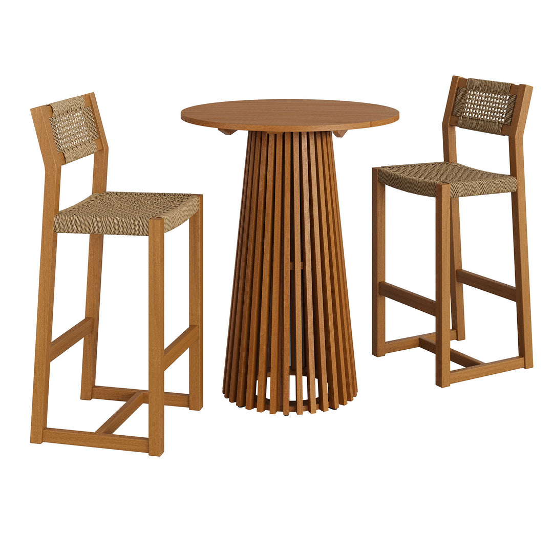 Reed 3-Piece Outdoor Patio Teak Wood Bar Set in Natural