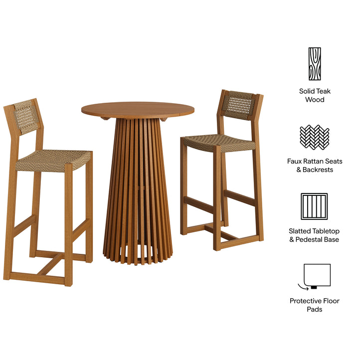 Reed 3-Piece Outdoor Patio Teak Wood Bar Set in Natural