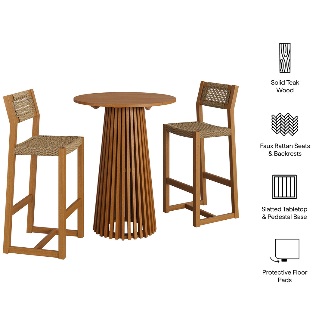 Reed 3-Piece Outdoor Patio Teak Wood Bar Set in Natural