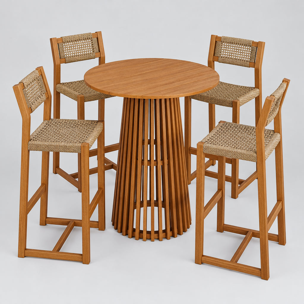 Reed 5-Piece Outdoor Patio Teak Wood Bar Set in Natural