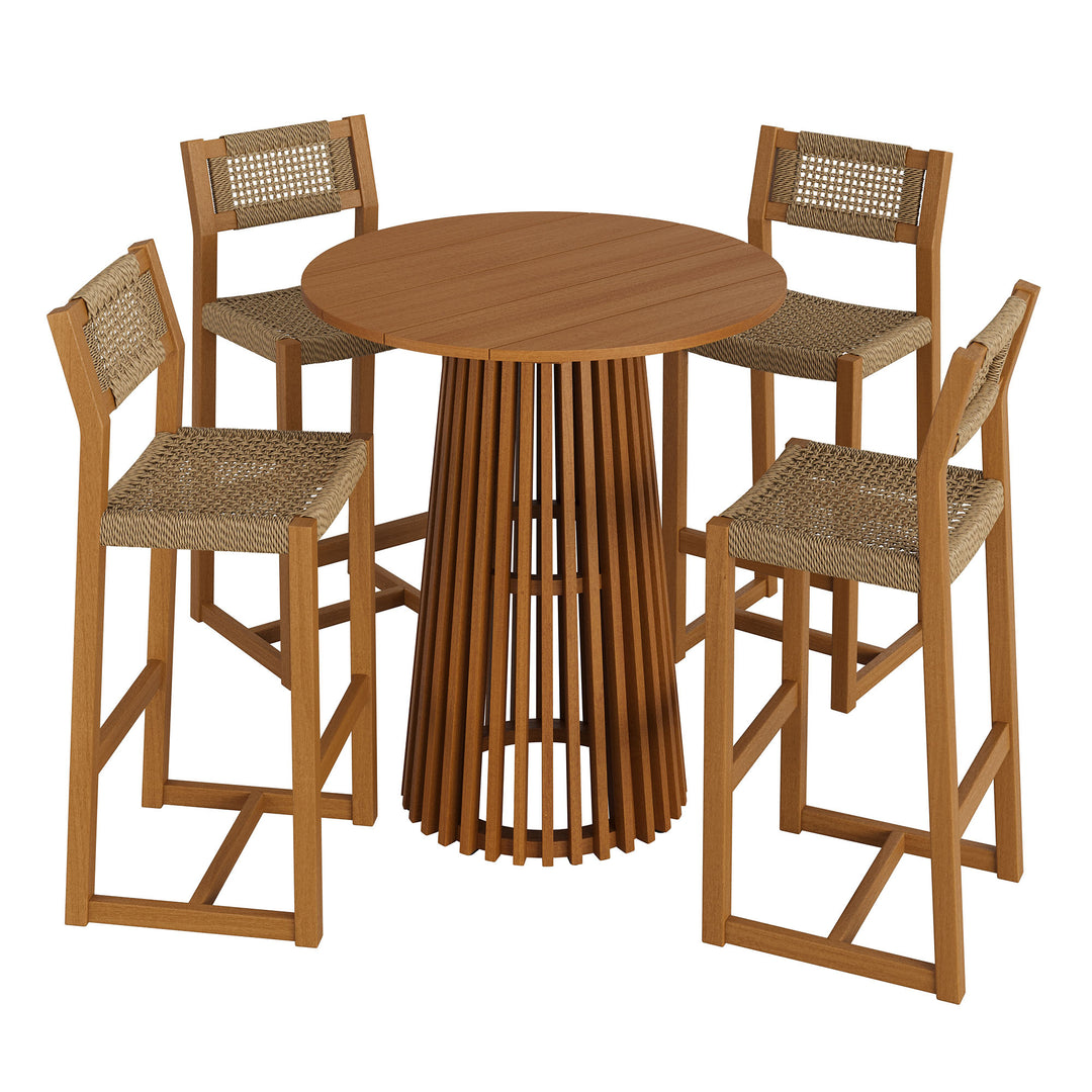 Reed 5-Piece Outdoor Patio Teak Wood Bar Set in Natural