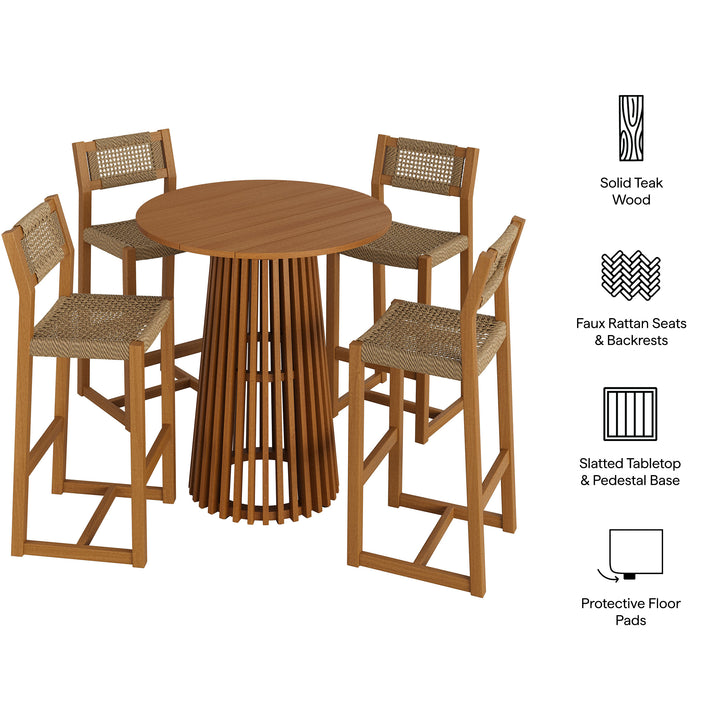 Reed 5-Piece Outdoor Patio Teak Wood Bar Set in Natural