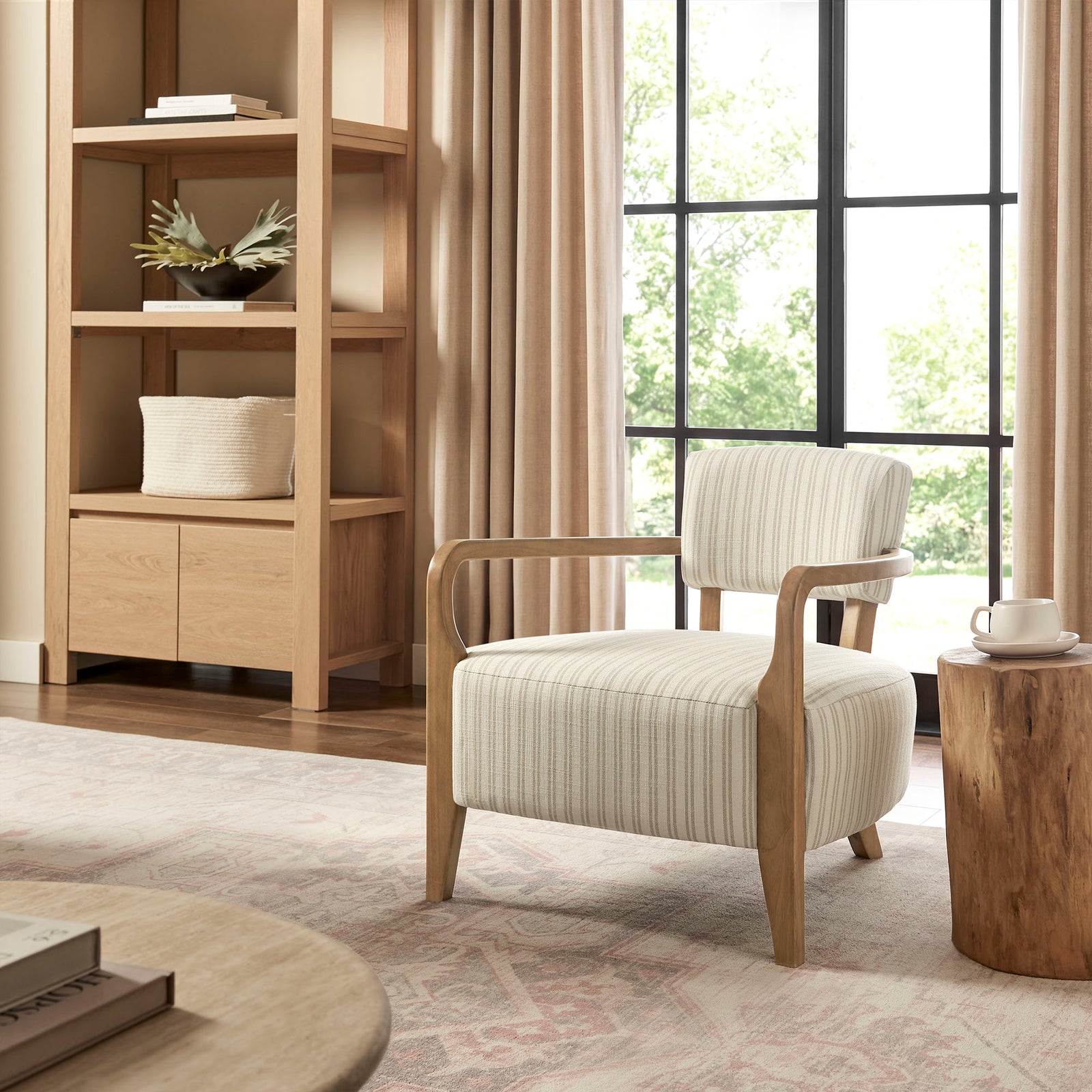 Zinnia Striped Fabric Upholstered Accent Chair in Oatmeal Stripe