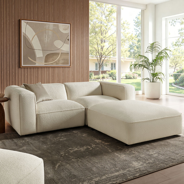 Auren 3 Piece Lattice Bouclé Upholstered Modular Loveseat with Ottoman in Cream
