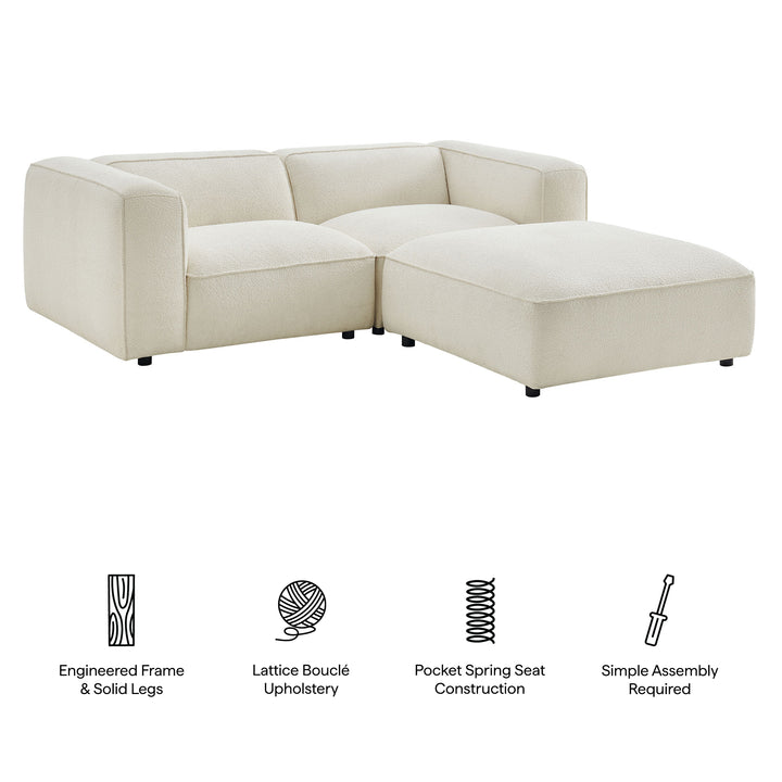 Auren 3 Piece Lattice Bouclé Upholstered Modular Loveseat with Ottoman in Cream