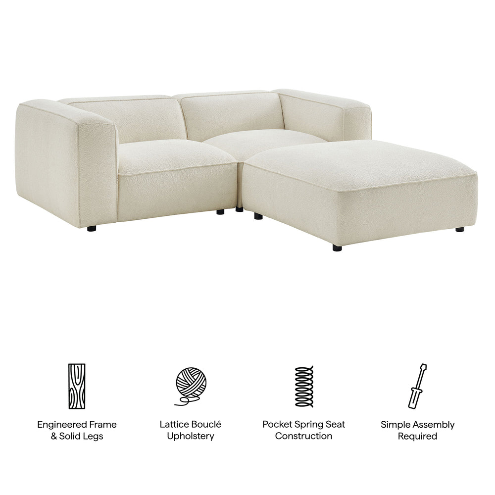Auren 3 Piece Lattice Bouclé Upholstered Modular Loveseat with Ottoman in Cream