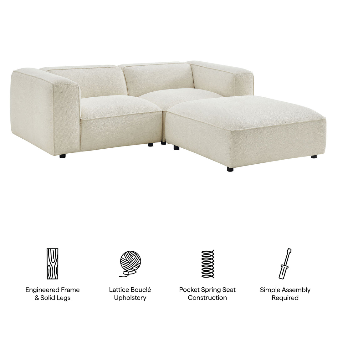 Auren 3 Piece Lattice Bouclé Upholstered Modular Loveseat with Ottoman in Cream
